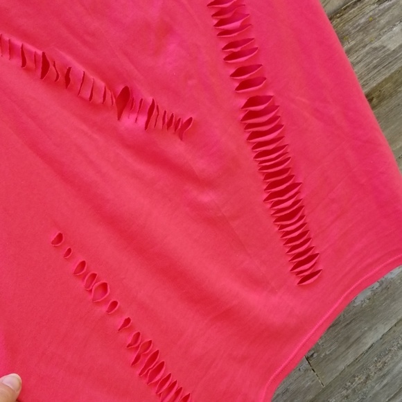 Distressed Fringe VneckHot Pink Tee - Picture 3 of 4